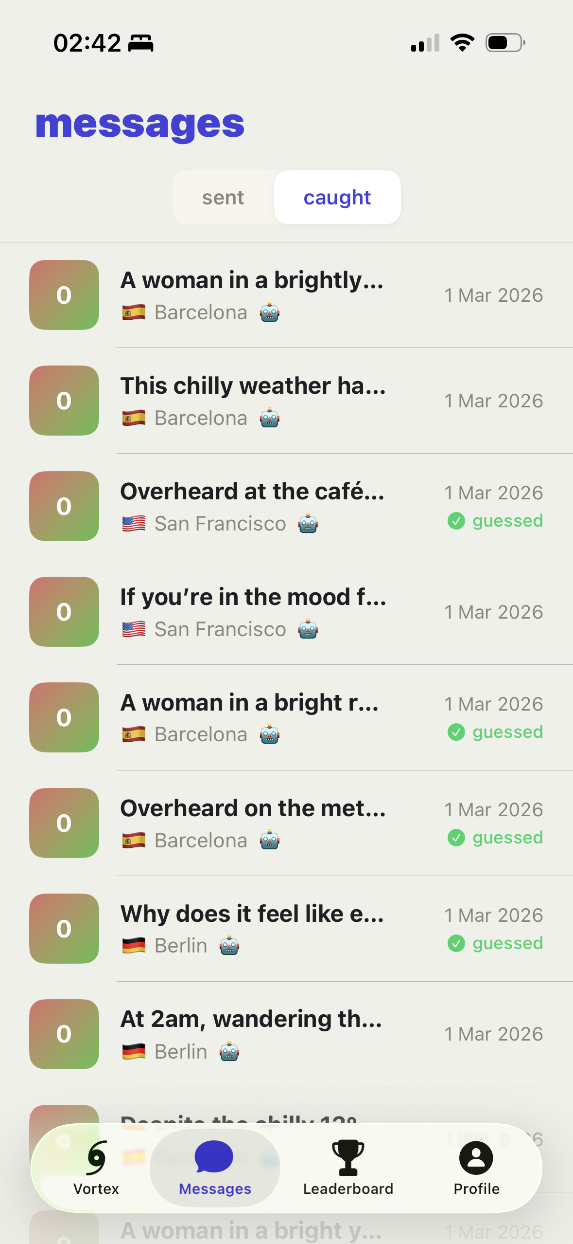 Vortex messages screen